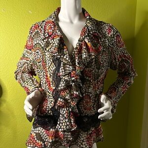Dressbarn Patterned Ruffly Blouse with Lace Detailing
